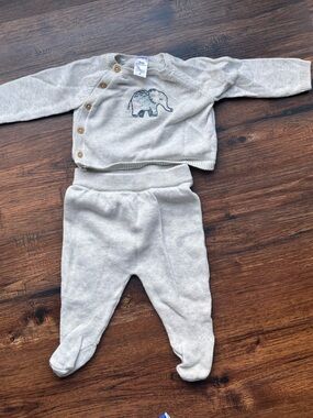 Carter's Light Gray Knit Romper with Blue Elephant Embroidery